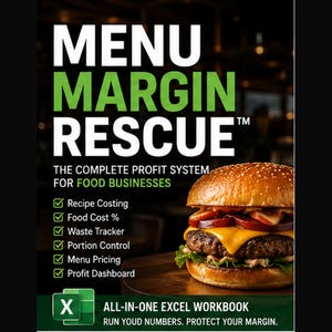 May include: A digital graphic for Menu Margin Rescue, a profit system for food businesses. It features a cheeseburger, a list of features including recipe costing and waste tracking, an Excel icon, and the text: Run youd numbers. Protect your margin.