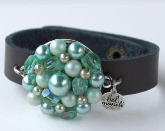 Green Bracelet, Pantone Island Paradise, Snap Bracelet, Leather Cuff, Cuff Bracelet, Vintage Bracelet, Recycled Bracelet, Upcycled, Blue