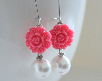 Hot Pink Earrings, Bridesmaid Jewelry, Pink Flowers, Pink Wedding, Spring Earrings, Flower Jewelry, Girlfriend Gift, New Mom Gift