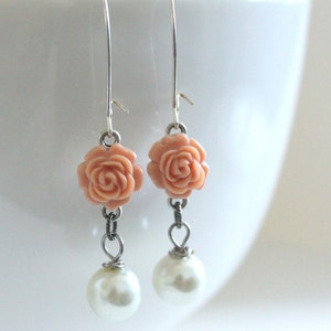 Coral Earrings, Pink Earrings, Bridesmaid Jewelry, Coral Wedding, Spring Earrings, Flower Jewelry, Peach Echo, Girlfriend Gift, New Mom Gift image 1