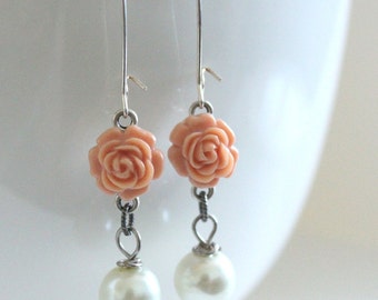 Coral Earrings, Pink Earrings, Bridesmaid Jewelry, Coral Wedding, Spring Earrings, Flower Jewelry, Peach Echo, Girlfriend Gift, New Mom Gift