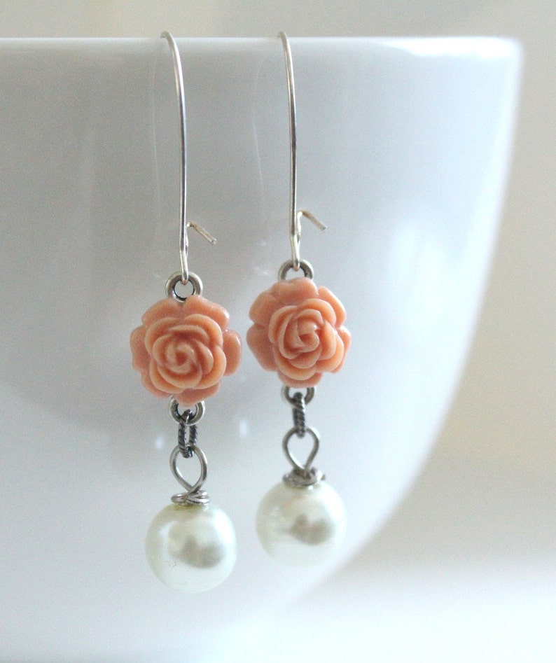 Coral Earrings, Pink Earrings, Bridesmaid Jewelry, Coral Wedding, Spring Earrings, Flower Jewelry, Peach Echo, Girlfriend Gift, New Mom Gift image 1