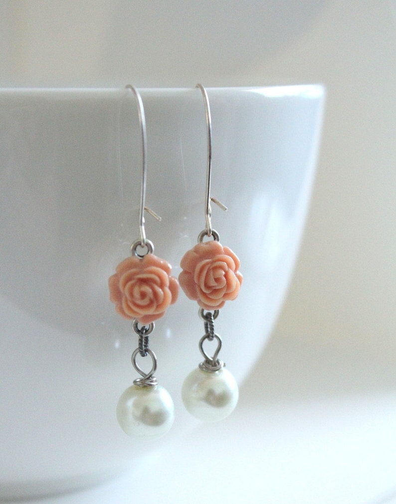 Coral Earrings, Pink Earrings, Bridesmaid Jewelry, Coral Wedding, Spring Earrings, Flower Jewelry, Peach Echo, Girlfriend Gift, New Mom Gift image 6