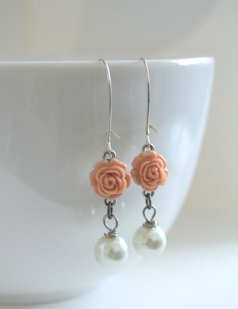 Coral Earrings, Pink Earrings, Bridesmaid Jewelry, Coral Wedding, Spring Earrings, Flower Jewelry, Peach Echo, Girlfriend Gift, New Mom Gift image 4