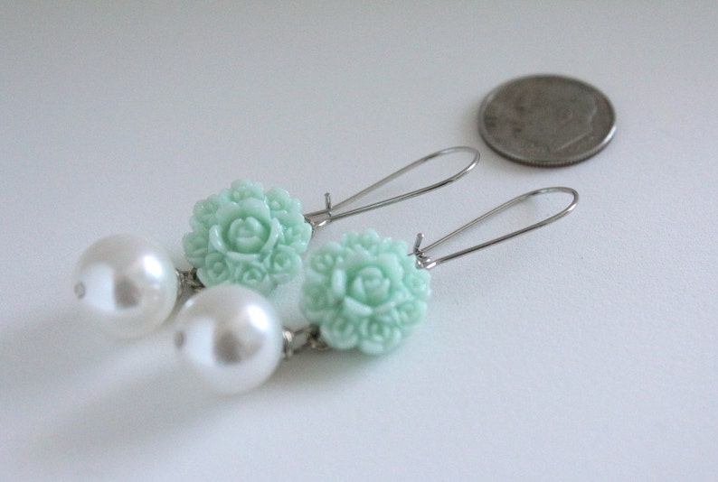 Aqua Flower Earrings, Mint Earrings, Bridesmaid Jewelry, Something Blue, Spring Earrings, Flower Jewelry, Limpet Shell, Girlfriend Gift image 5