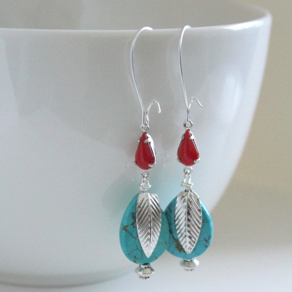 Turquoise Earrings, Feather Earrings, Southwestern Jewelry, Red Aqua Earrings, Spring Earrings, Western Jewelry, Turquoise Silver, Cowgirl