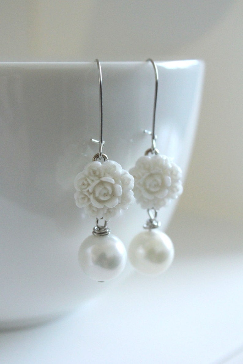 White Earrings, White Flowers, Bridesmaid Jewelry, White Wedding, Spring Earrings, Flower Jewelry,Girlfriend Gift,New Mom Gift,Cream Earring image 6