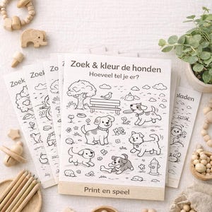 Könnte beinhalten: Montessori-Lernmaterialien, darunter Malvorlagen mit Hundeillustrationen, Holzspielzeug und Bleistifte. Der Text auf den Seiten lautet "Suchen & Hunde ausmalen" und "Drucken und spielen". Das Bild hat eine neutrale Farbpalette.