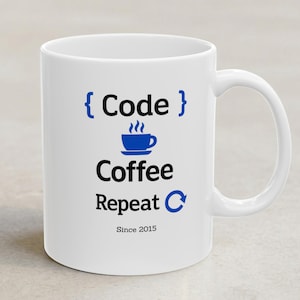 Code Coffee Repeat | Developer Mug with Optional Year or Stack Customization