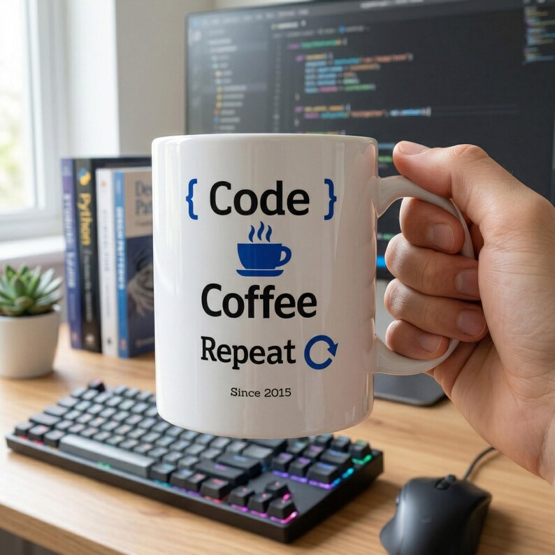 Person holding a white “Code Coffee Repeat” mug in a work setting, with the personalized text “Since 2015” visible below the design and a softly blurred desk background.