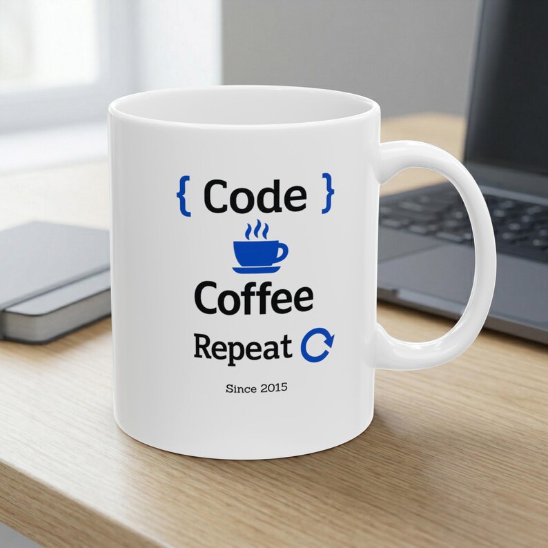 White personalized “Code Coffee Repeat” mug on a modern work desk near a keyboard and notebook, with the text “Since 2015” visible below the design in natural light.