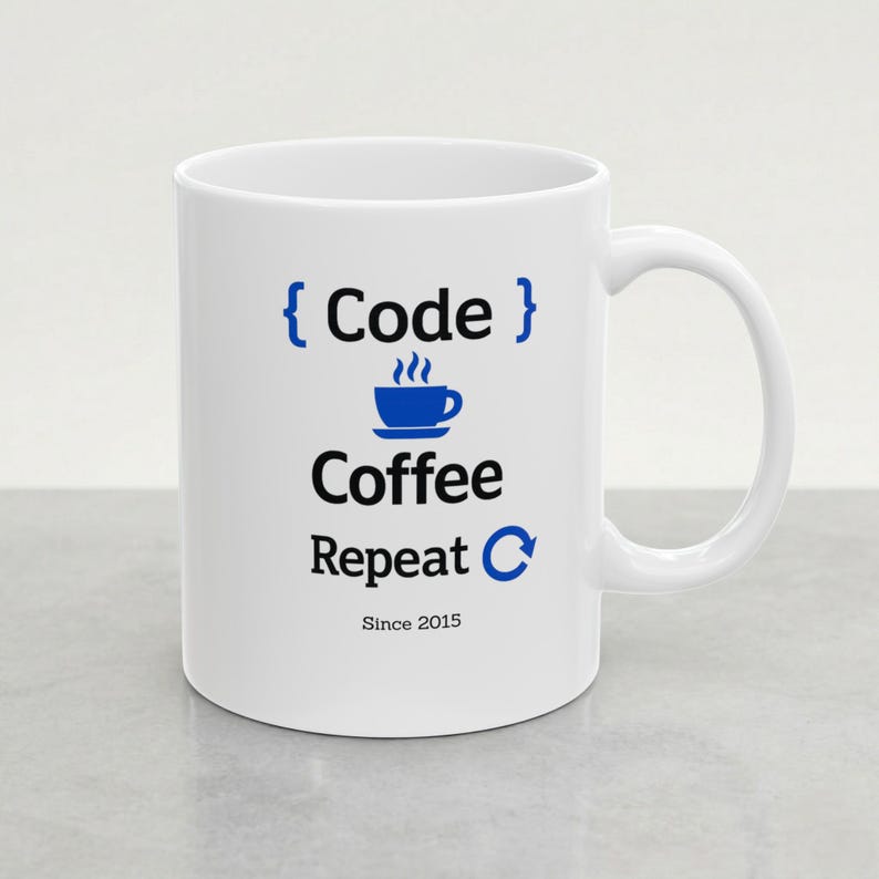 Front view of a white ceramic mug featuring the “Code Coffee Repeat” design and the personalized text “Since 2015” centered below on a clean light background.