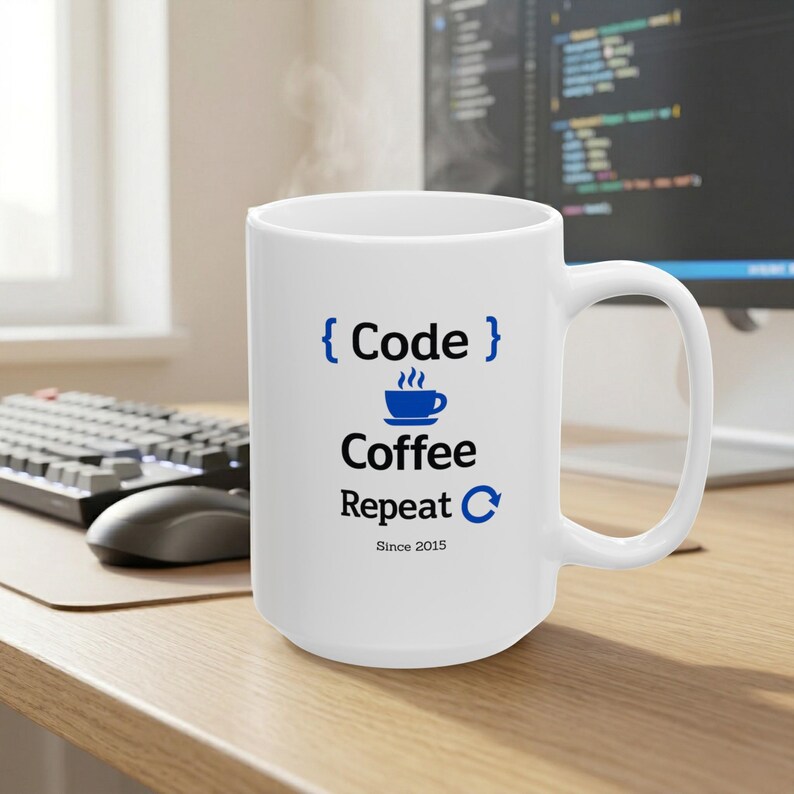 White ceramic “Code Coffee Repeat” mug with “Since 2015” personalization on a home office desk beside a keyboard and monitor in soft natural light. 15oz size