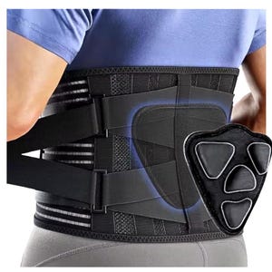 May include: Black lumbar support back brace with adjustable straps and a detachable pad. The brace is designed to provide support and stability to the lower back. The pad has three raised sections.