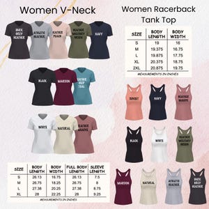 Puede incluir: Una exhibici&oacute;n de camisetas de cuello en V y sin mangas para mujer en varios colores, incluyendo negro, blanco y azul marino. Se incluyen tablas de tallas en pulgadas. El texto de la imagen dice "Women V-Neck" y "Women Racerback Tank Top".
