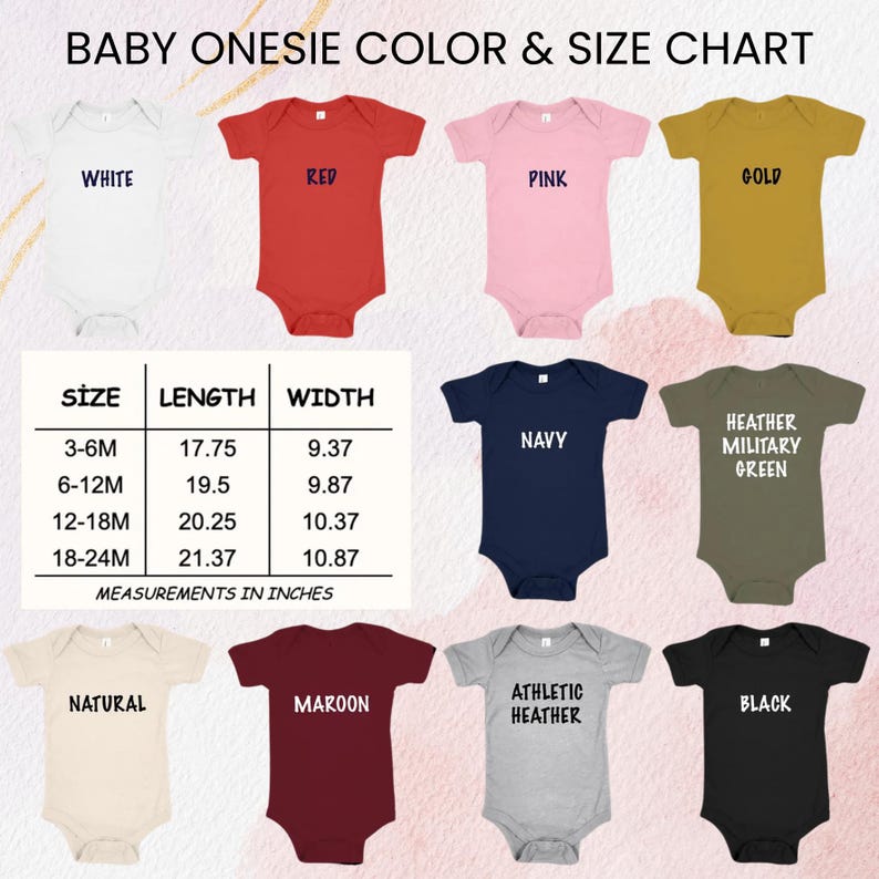 Puede incluir: Una tabla de colores y tallas para bodies de beb&eacute;. La tabla muestra bodies en varios colores, incluyendo blanco, rojo, rosa, dorado, azul marino y negro. Las medidas est&aacute;n en pulgadas, con tallas que van de 3-6 meses a 18-24 meses.