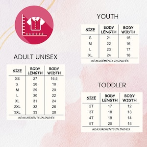Puede incluir: Tablas de tallas para ropa unisex para adultos, j&oacute;venes y ni&ntilde;os peque&ntilde;os. Las medidas de largo y ancho del cuerpo se muestran en pulgadas. Las tallas para adultos van de XS a 3XL. Incluye un icono de camisa.