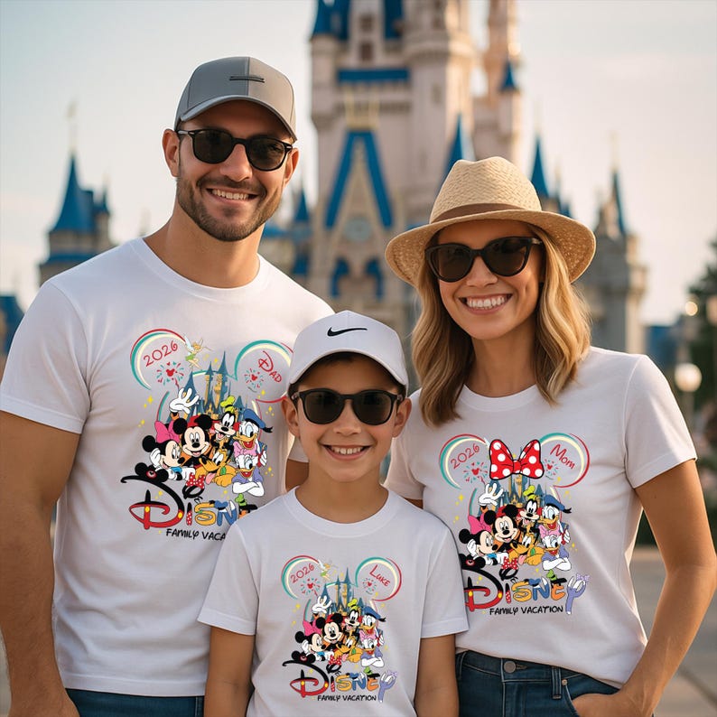 Puede incluir: Camisetas blancas con un dise&ntilde;o de Vacaciones Familiares de Disney. Las camisetas presentan a Mickey Mouse, Minnie Mouse, el Pato Donald y otros personajes. Cada camiseta tiene un texto diferente: "Dad", "Mom" y "Luke". Las camisetas son usadas por una familia frente a un castillo.