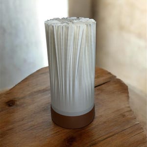 May include: A white, cylindrical decorative lamp with a textured, vertical-lined design. The lamp has a brown base and sits on a wooden surface. The lamp's design creates a unique visual texture.
