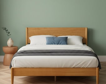 Mid Century Solid Wood Platform Bed Frame with Headboard, Sturdy Slats Support