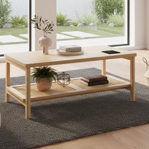 May include: A light wood rectangular coffee table with a lower shelf. The lower shelf has a woven rattan design. The table has a potted plant, books, and decorative items on top. The table is on a gray rug.