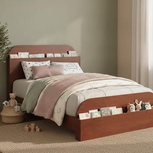 May include: A wooden bed frame with a warm brown finish, featuring integrated storage shelves in both the headboard and footboard. The bed is dressed with a white quilted comforter, a light pink throw blanket, and several pillows with patterns.