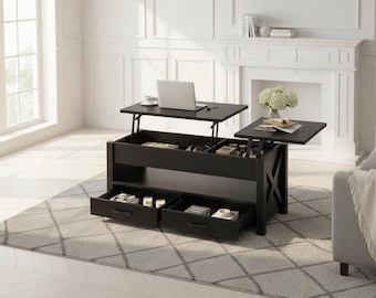 Lift Top Coffee Table with Drawers and Hidden Storage, Farmhouse Style Center Table, Retro Wood Coffee Table with Split Adjustable Top
