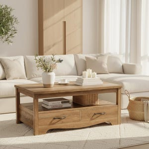 May include: A light brown wooden coffee table with two drawers and a lower shelf. The table is in a living room setting with a white sofa, a vase of flowers, and a woven basket. The table measures approximately 48 inches long and 24 inches wide.