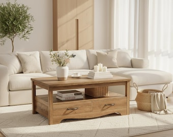 Farmhouse Coffee Table with Storage Drawers | Rustic Wooden Living Room Center Table | Curved Base Design with Open Shelf