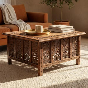 May include: A handcrafted, square wooden coffee table with intricate floral carvings. The table features a warm brown finish and stands on four sturdy legs. A gold tray with a candle and books sits on top. The table is 36 inches long and wide.