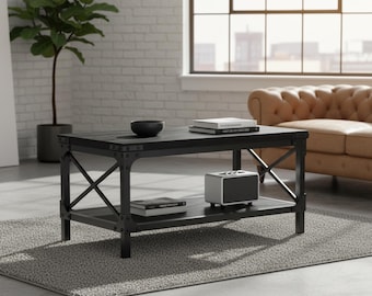Modern Rectangle Coffee Table with Storage – 2 Tier Wood Center Table with Metal Frame – Rustic Industrial Coffee Table for Living Room