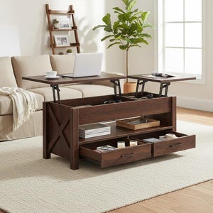 May include: A dark brown lift-top coffee table with two drawers and an open shelf. The table has a raised top, a laptop, and a cup on it. The table is in front of a beige sofa and a window.