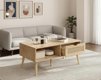 Boho Coffee Table with Storage, Rattan Drawer Coffee Table with Solid Wood Legs, Mid Century Modern Living Room Table
