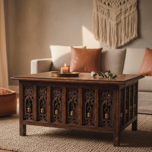 May include: A dark brown wooden coffee table with intricate carved designs and small hanging bells. The table has a rectangular top with a candle on a gold tray. The table is in a living room setting with a neutral color scheme.