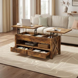 May include: A rustic, lift-top coffee table with a distressed wood finish. The table features two lift-top surfaces, drawers, and open storage compartments. A laptop and a magazine are on the table. The table is 40 inches long and 18 inches high.