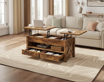 Lift Top Coffee Table with Drawers and Hidden Storage, Farmhouse Style Center Table, Retro Wood Coffee Table with Split Adjustable Top