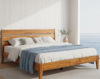Solid Acacia Wood Platform Bed Frame, Mid Century Modern Headboard, Queen King Size