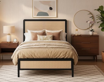 Rattan Platform Bed Frame with Headboard, Boho Metal Bed Frame, Twin Size Bed with Storage, No Box Spring Needed