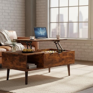 May include: A lift-top coffee table with a rustic, distressed wood finish. The table has a compartment for storage and a laptop on top. The table is in a living room with a leather sofa and a large window.