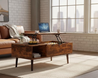 Lift Top Coffee Table with Hidden Storage | Wooden Rising Center Table for Living Room | Modern Small Coffee Table with Shelf