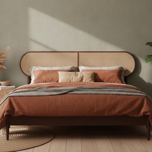 May include: A bed frame featuring a dark wood structure and a wide, rounded headboard with natural woven cane paneling. The bed is dressed in solid rust-colored bedding, including two large pillows, a smaller central pillow, and a textured gray throw.