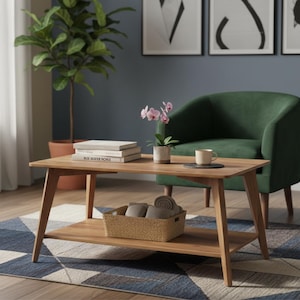 May include: A light brown wooden coffee table with a lower shelf, holding a woven basket. The table has a rectangular top with angled legs. Books, a small potted plant, and a mug sit on the table. A green armchair is in the background.