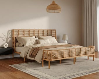 Boho Rattan Bed Frame, Woven Wicker Headboard, King & California King Size, Iron Platform Bed