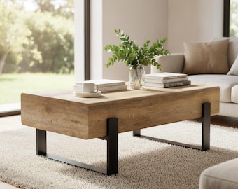 Modern Wood Coffee Table, Industrial Metal Legs, Rectangle Center Table