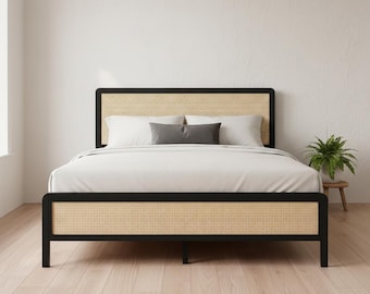 Rattan Platform Bed Frame with Headboard, Boho Metal Bed Frame, Queen Size Bed with Storage, No Box Spring Needed