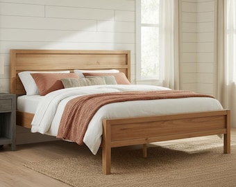 Solid Wood Platform Bed Frame, Modern Minimalist Pine Slat Bed, King Size
