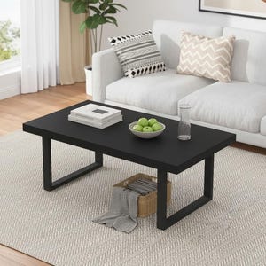 May include: A black rectangular coffee table with a minimalist design, featuring a lower shelf and a sturdy base. The table is set on a light-colored rug, with a white sofa and decorative pillows in the background. A bowl of green apples and a glass vase are on the table.