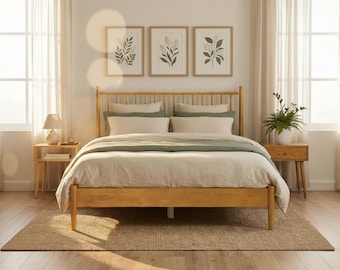 Solid Wood Platform Bed Frame, Modern Rustic Style, Silent Slats, Queen King