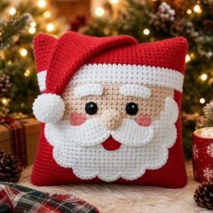 May include: A square crochet pillow shaped like a Santa Claus face. The pillow features a red hat with a white pom-pom, a beige face, white eyebrows, a white mustache, a red mouth, and black button eyes. The design includes pink cheeks.