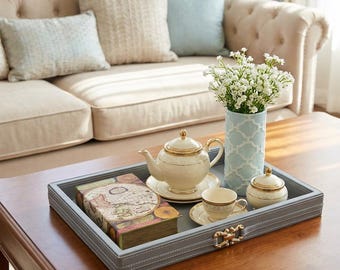 Gray Faux Leather Serving Tray, Decorative Coffee Table Tray, Ottoman Tray, Rectangular Tea Serving Tray, Luxury Home Decor Organizer
